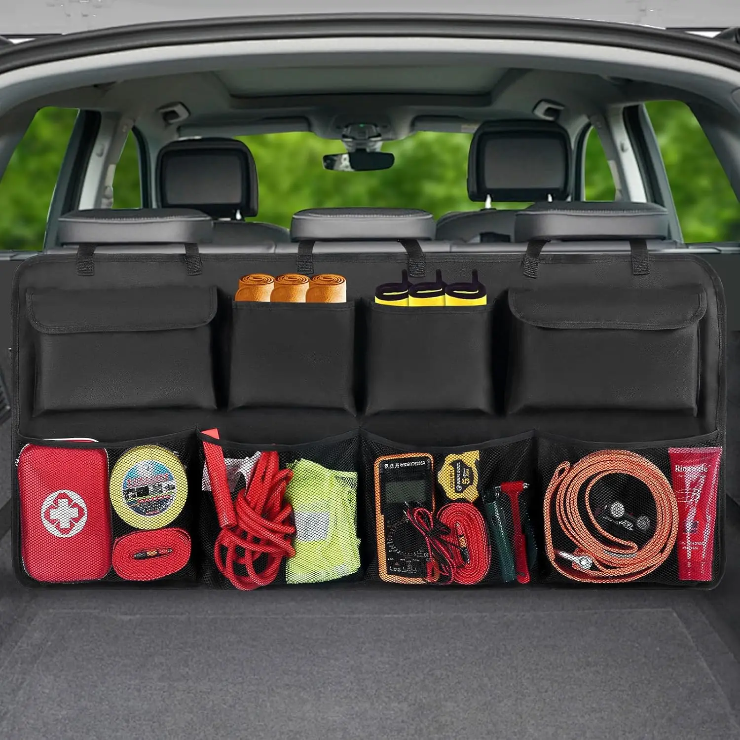 Backseat  Trunk Organizer Extra-Long, 30%  Storage, 8 Large Pockets  Storage Bag for SUV, , Van – Super Capacity SUV  Organizer for a Neat & Clutter-Free Space - Black