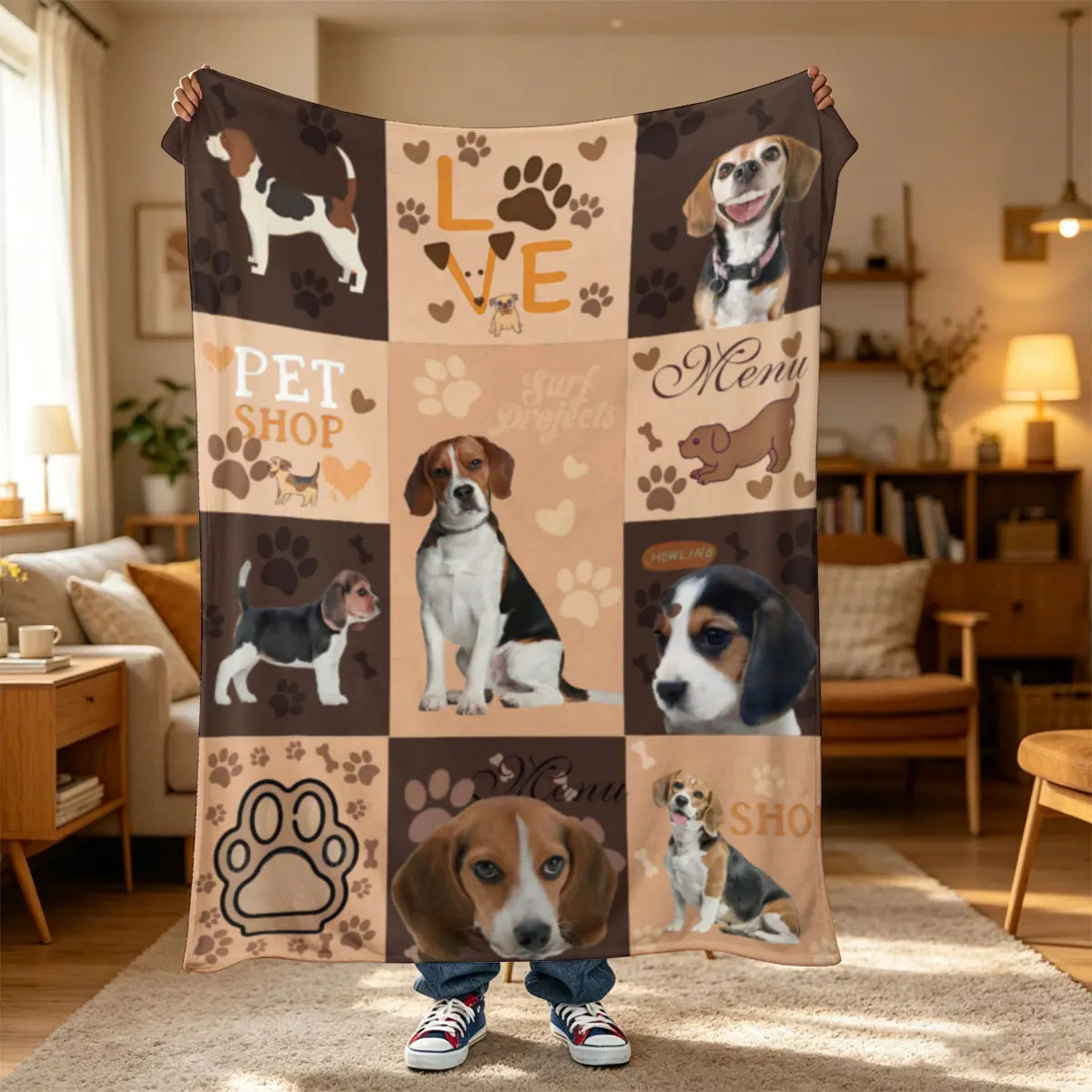 One PC Short Plush Flannel Blanket,Beagle Splicing Pattern,Soft skin-friendly flannel blanket, warm breathable, machine washable, no shrinkage. Bedroom decor, holiday gift, pet blanket