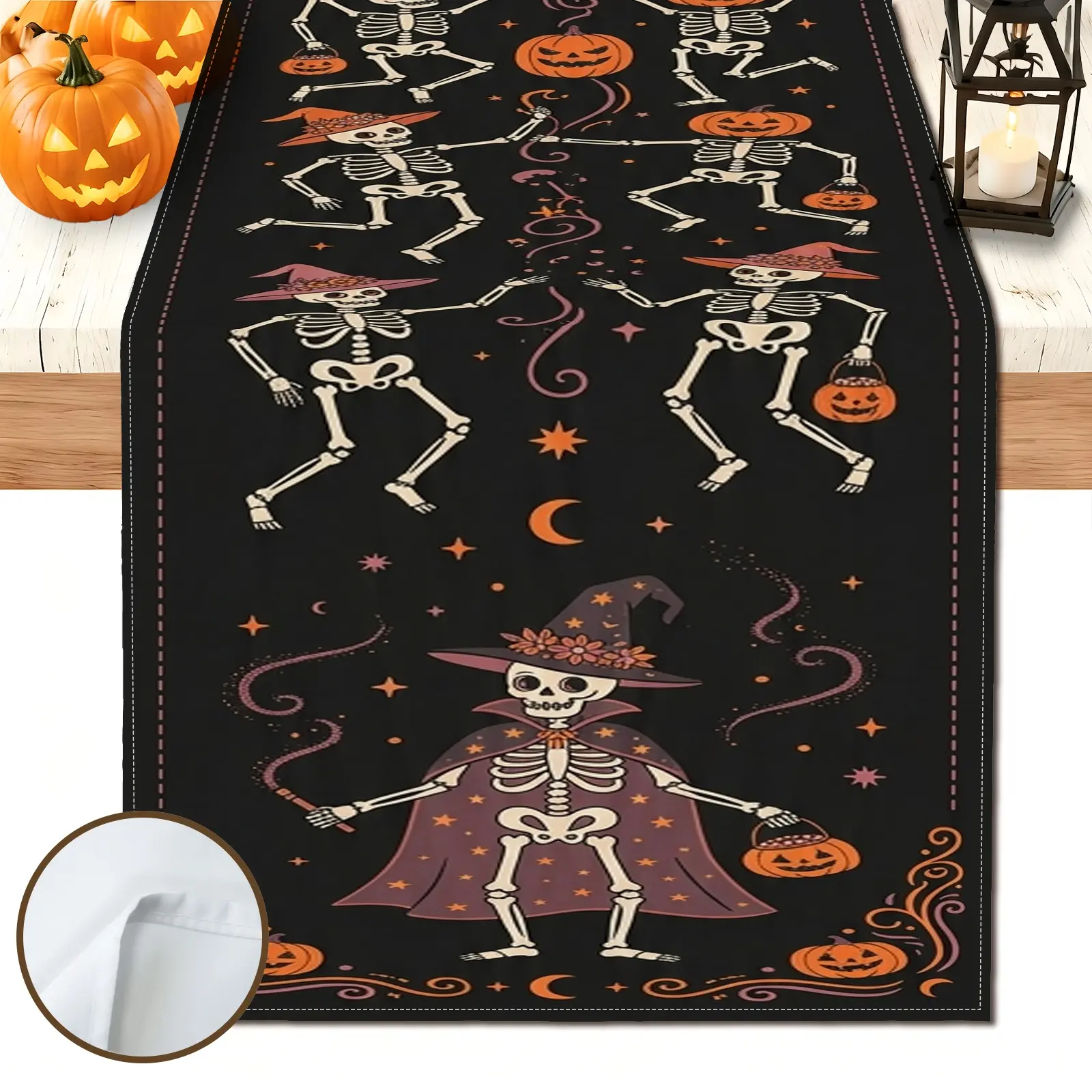 1pc Skeleton Pumpkin Witch Table Runner, Halloween Style, Decorative Border and Repeating Pattern, for Dining Table Halloween Party Home Decor Seasonal Table Decor