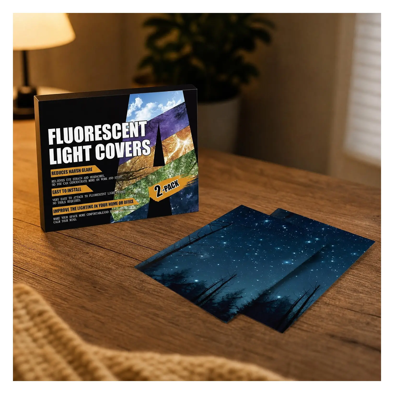 2 Pcs 4x2 Feet Fluorescent Light Covers, Magnetic Ceiling Light Filters for Classroom, Office, Hospitals, Home (Forests & Starry Sky-2)Gift
