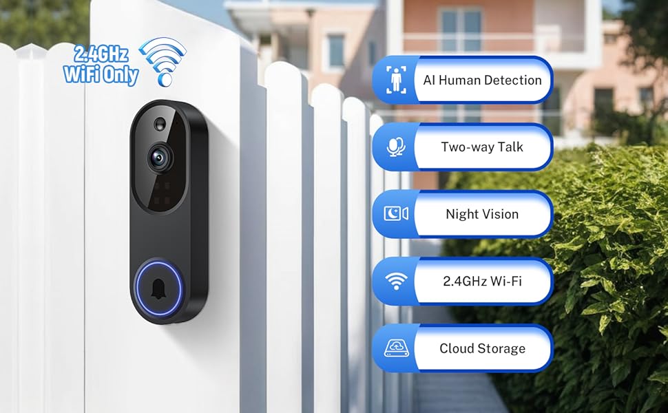 AGS Orbitell 1080p Wireless Wi-Fi Video Doorbell Camera with Two Way Audio, Night Vision, Cloud Storage, Smart AI Motion Detection, Support 2.4GHz Wi-Fi only