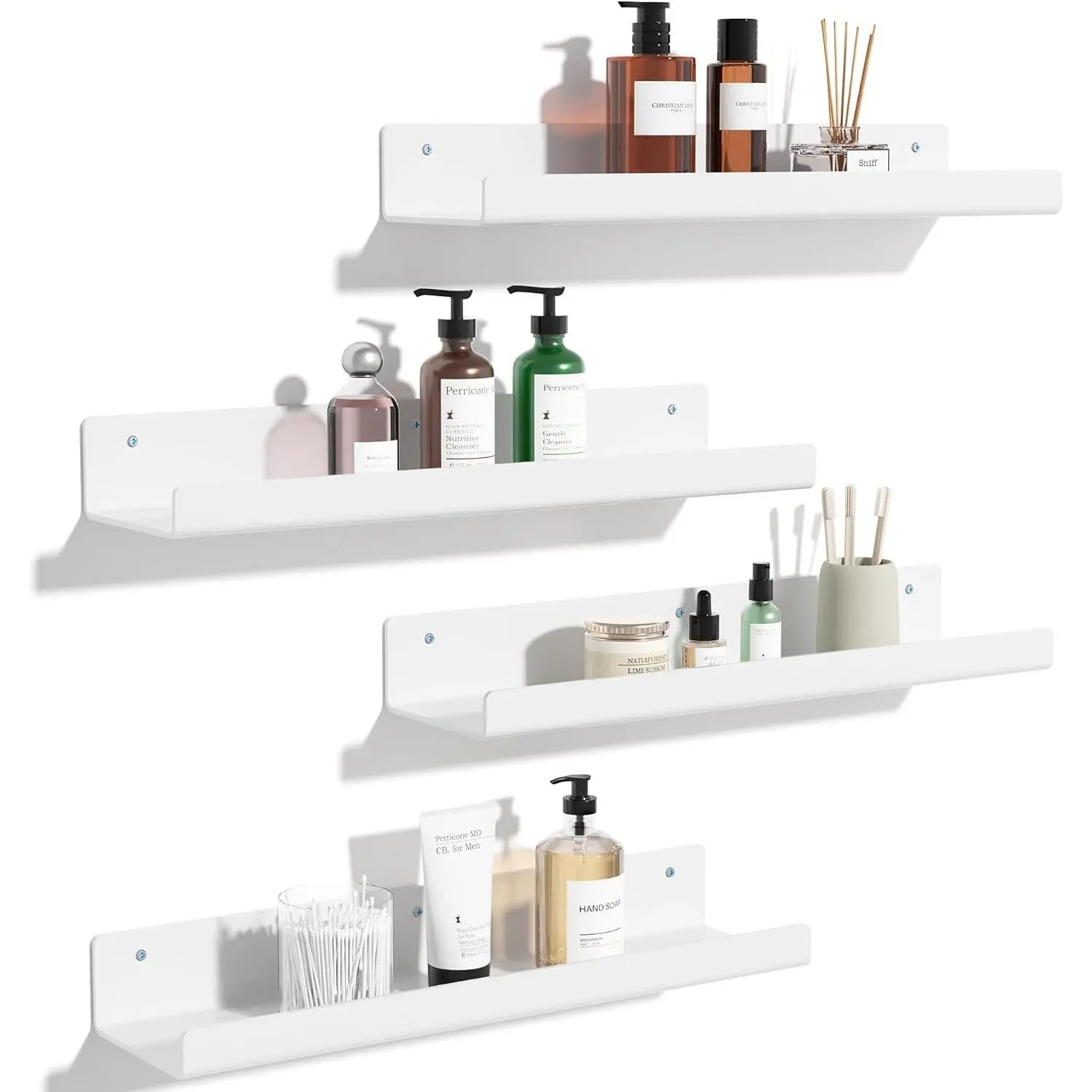 4 Pcs 15" Acrylic Shelves for Wall Organize and Display, White | Cute Floating Shelf for Perfume, Skincare, Nail Polish, Wall Organizer for Bedroom, Living Room, Playroom, Room Décor