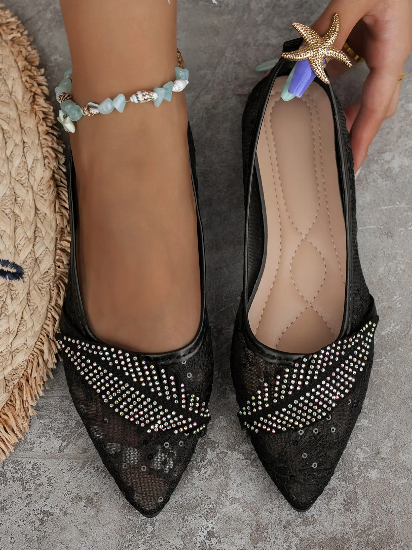 Women's Rhinestone Feather Lace Pointed Shoes, French Elegant Fairy Style Pointed Flats, Simple Office Versatile Women's Shoes