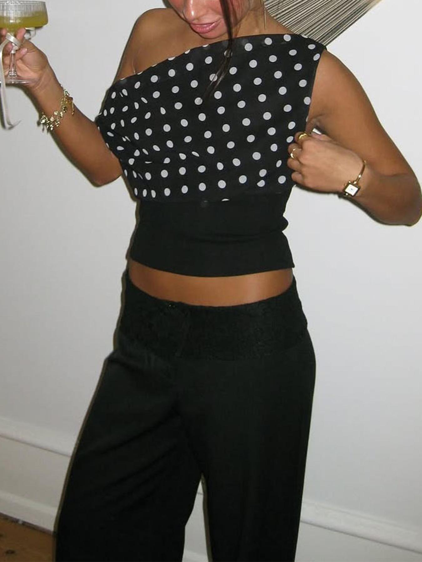 Women's Polka Dot Print Asymmetrical Neck Crop Tank Top, Casual Fitted Sleeveless Cropped Top for Daily Wear, Ladies Clothes for All Seasons