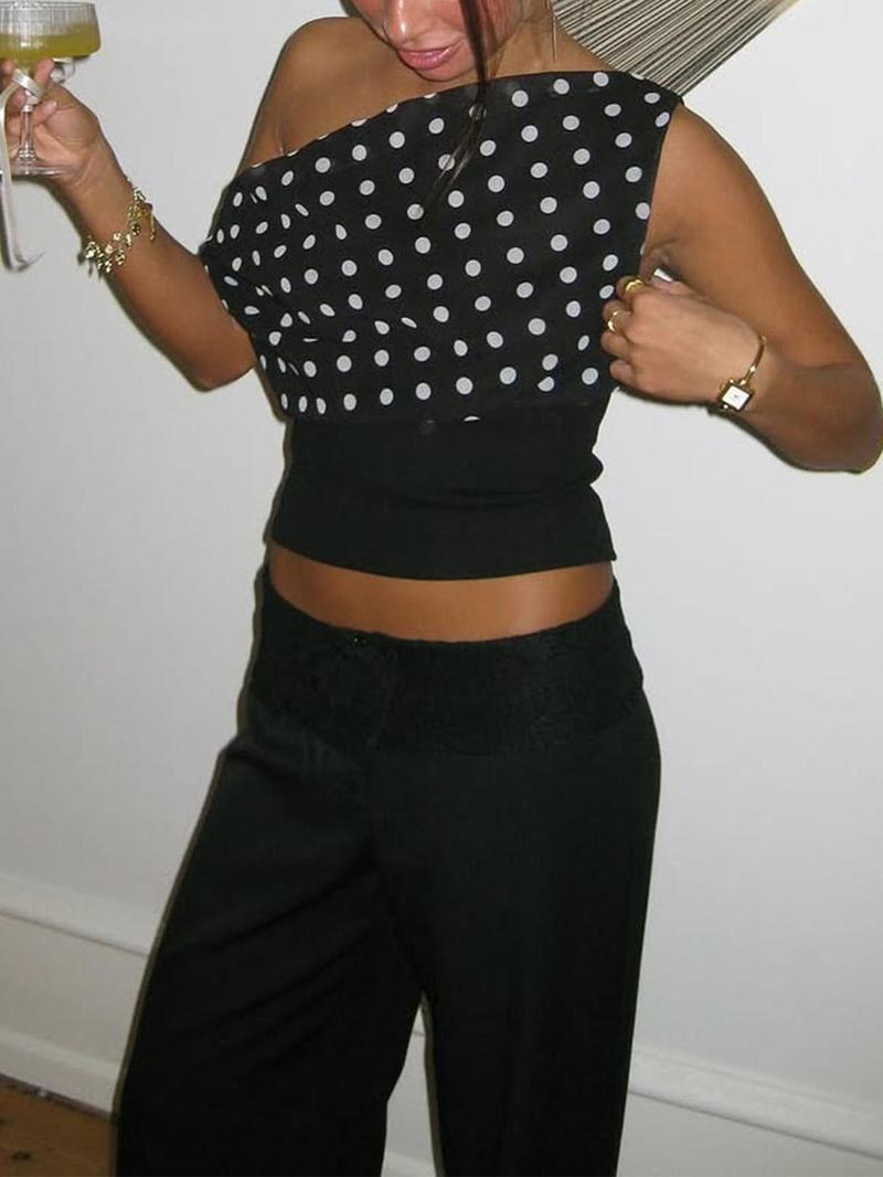 Women's Polka Dot Print Asymmetrical Neck Crop Tank Top, Casual Sleeveless Cropped Top for Daily Wear, Ladies Clothes for All Seasons, Casual Elegant Sleeveless