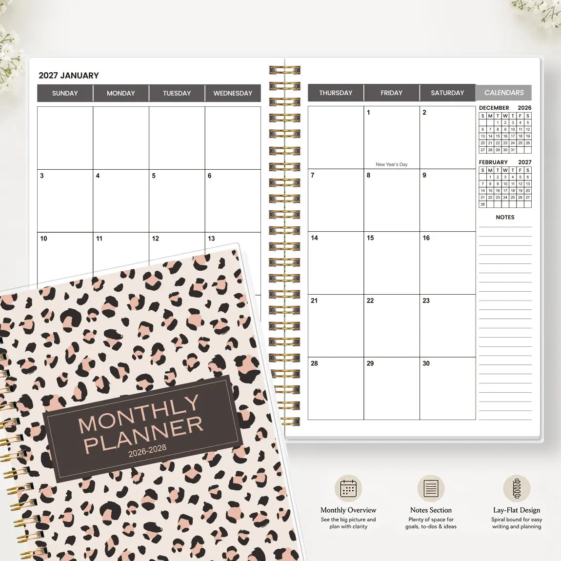 A5 Leopard Print Monthly Planner 2026-2028, Spiral Binding, Office Study Calendar Notebook, Reference Calendar and Notes Page
