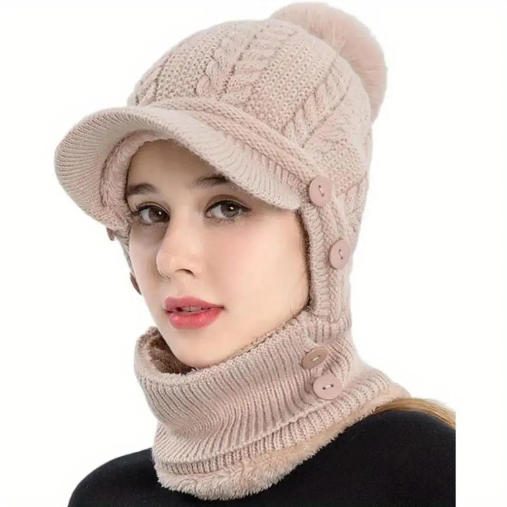Winter Hat for Women, Slouchy Cable Knit 3-in-1 Beanie Scarf Mask with Thick Fleece Lining, Lightweight & Seamless, Female, Loose, Bold Hues, Casual