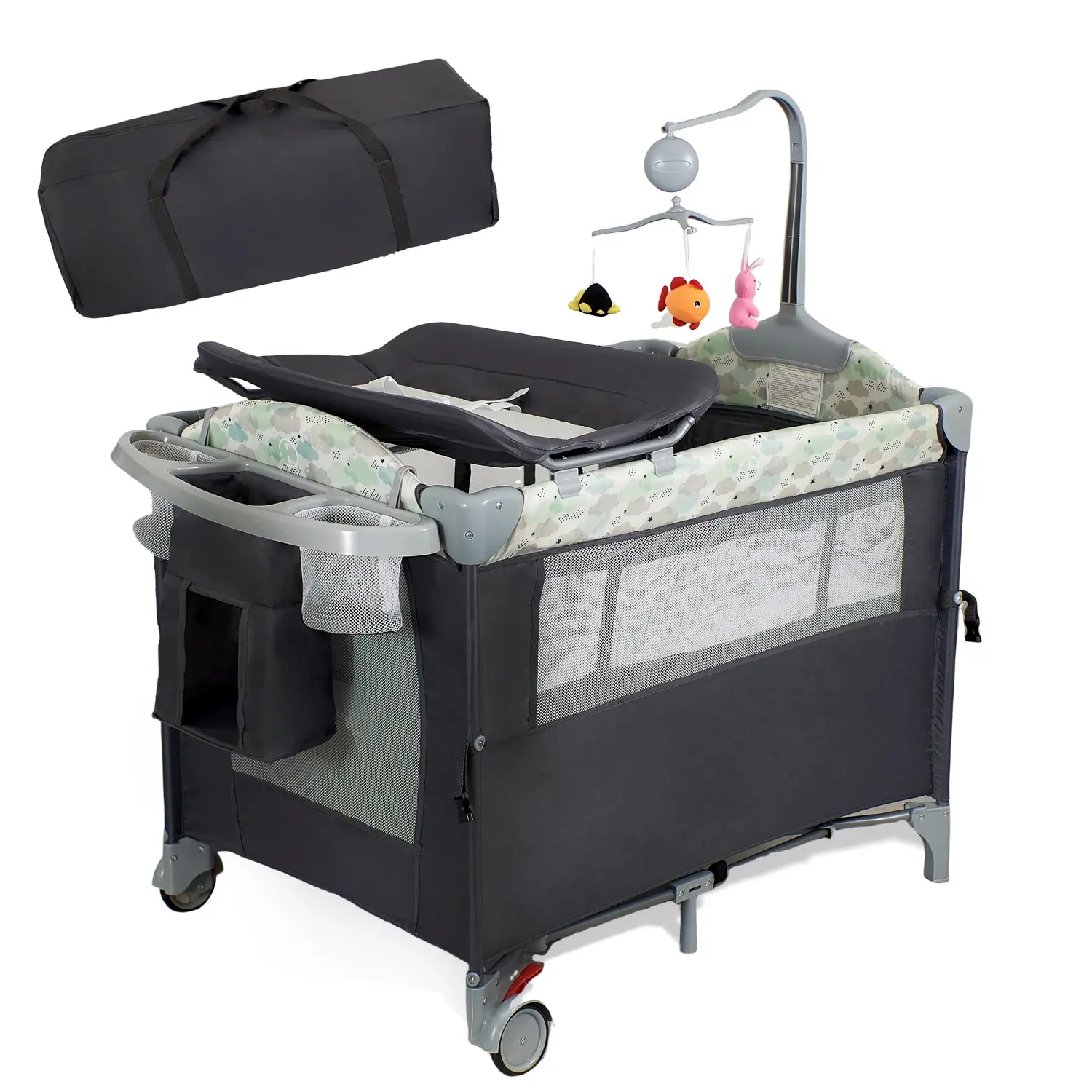 Aobtkel Steel 4-in-1 Foldable Baby Playard for 0-2 Years (15 - 20 Kg, Under 35 Inches Tall) - Metal Playard with Bassinet, Changing Table, Lockable Wheels, Portable Musical Box