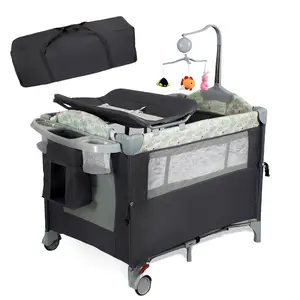 Aobtkel Metal Pack and Play Playard - Baby Items with Bassinet for Baby, Changing Table, Lockable Wheels, Portable Musical Music Box, Foldable for Infants