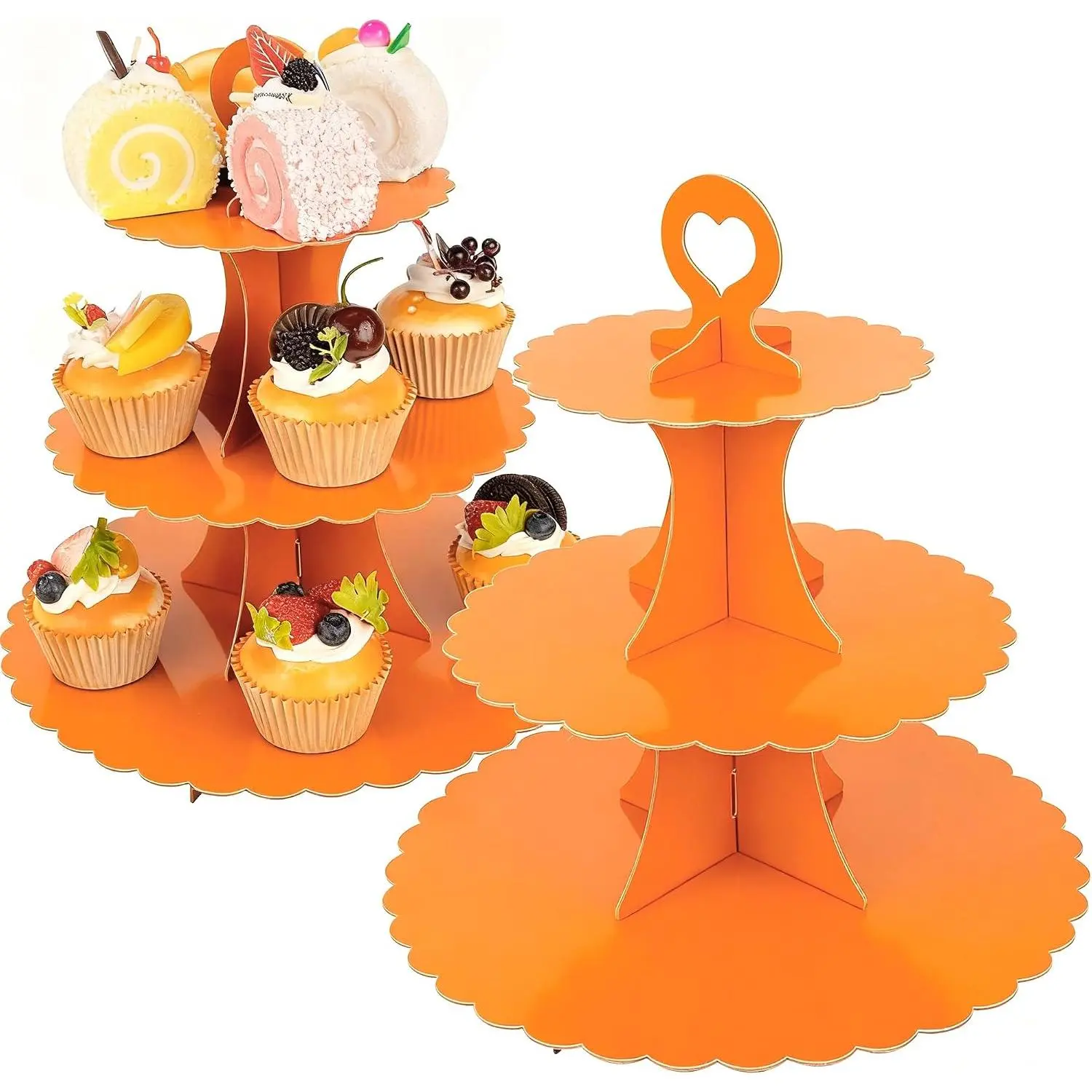 3-Tier Cupcake Stand 2 Pack Dessert Cup Cake Stand Tower Paper Round Cake Display Serving Plate for Anniversary Christening Disposable Pastry Holder for Birthday Wedding Party Decoration (Orange)