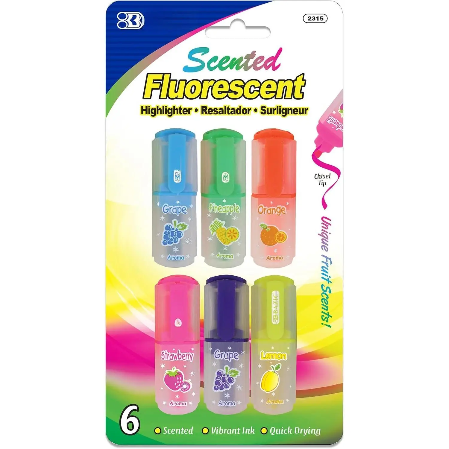 Fruit Scented Mini Highlighters, Chisel Tip, 6 Count | fruit-scented fluorescent mini highlighters; compact; Quick-dry;  ink; ASTM D-4236