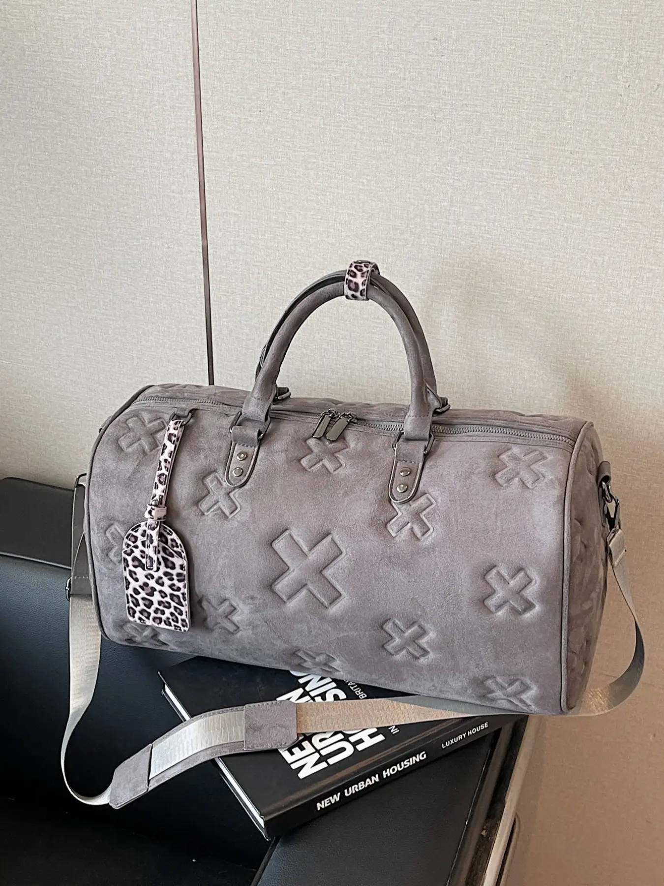 Vintage Suede Travel Duffle Bag for Women Men Embossed Cross Weekender Overnight Bag with Leopard Tag Large Barrel Gym Handbag Fits 15 Inch Laptop Carry On Fall Winter Fashion Retro Y2K Trip, Perfect Gift for Her, Multiple Colors Available