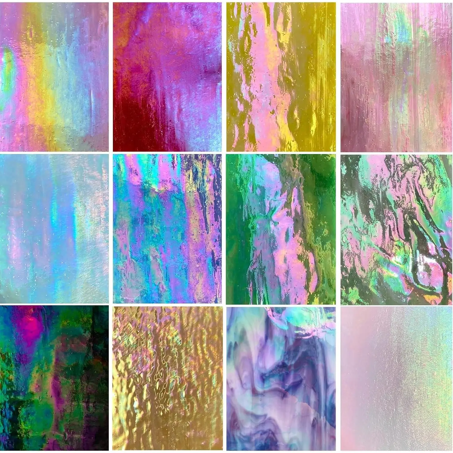 12 Sheets 4 x 6 Inch High Shine Iridescent Stained Glass Variety Pack, Iridized Art Glass Mosaic Tiles for DIY Crafts, Stained Glass Supplies for Glass Projects and Mosaic Work