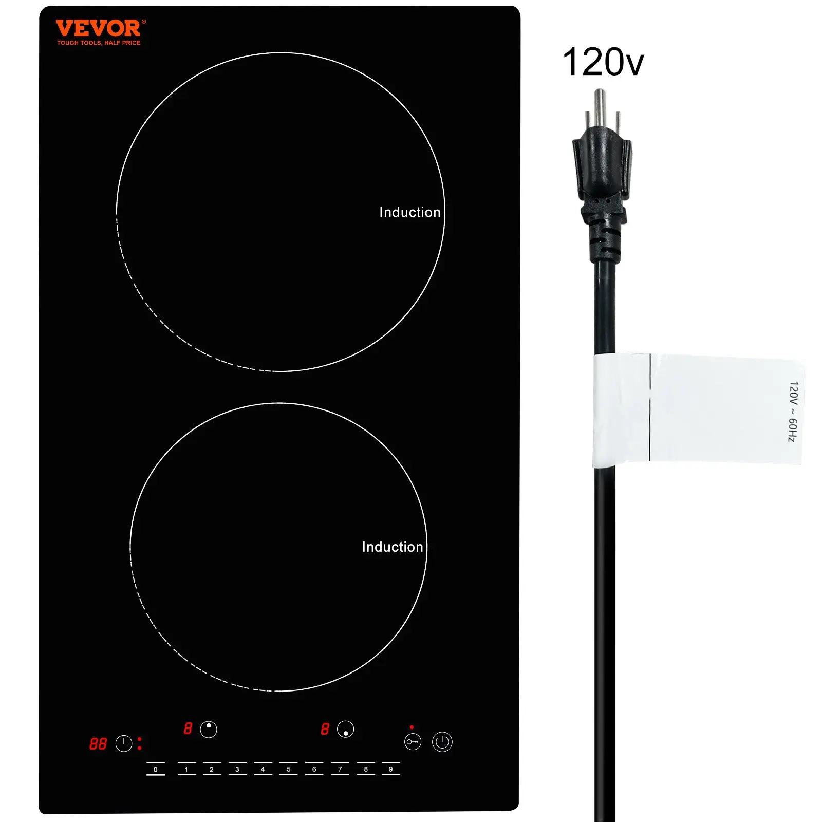 VEVOR Electric Cooktop, 2 Burners, 12'' Induction Stove Top, Built-in Magnetic Cooktop 1800W, 9 Heating Level Multifunctional Burner, LED Touch Screen w/ Child Lock Over-Temperature Protection