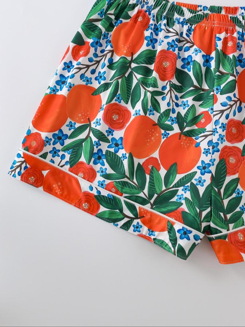 Women's All Over Print Pajamas Set, Button-up Short Sleeve Top & Elastic Shorts, Comfortable Summer Loungewear, Lady Elegant Nightwear, Womenswear, Casual Pajama Sets