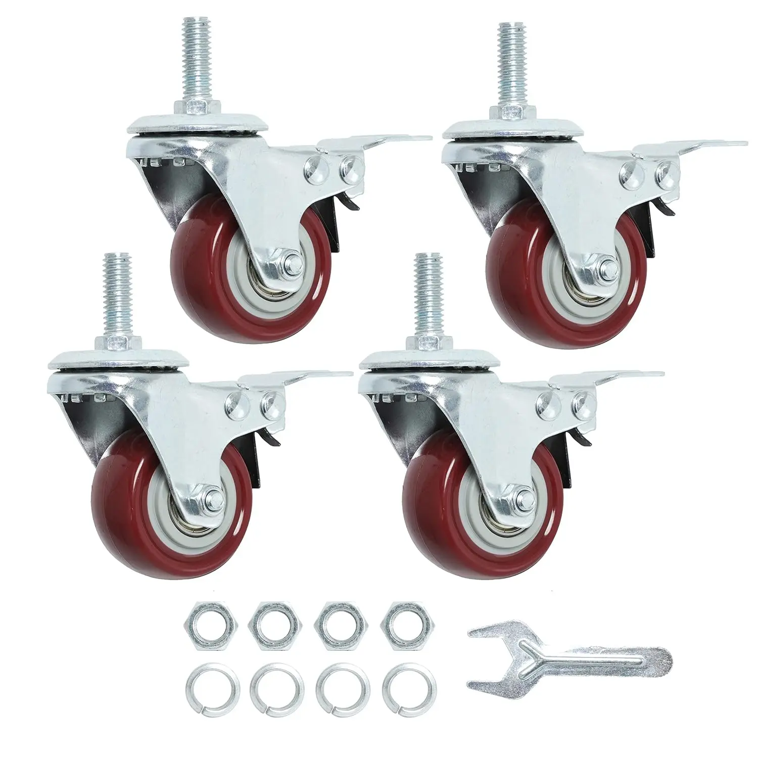 Swivel Caster Wheels 2 Inch Heavy Duty Threaded Stem Casters 3/8"-16x1 with  Set of 4  Polyurethane Wheels PU Load Bearing 800 Lbs Anti-wear Smooth Casters, Red