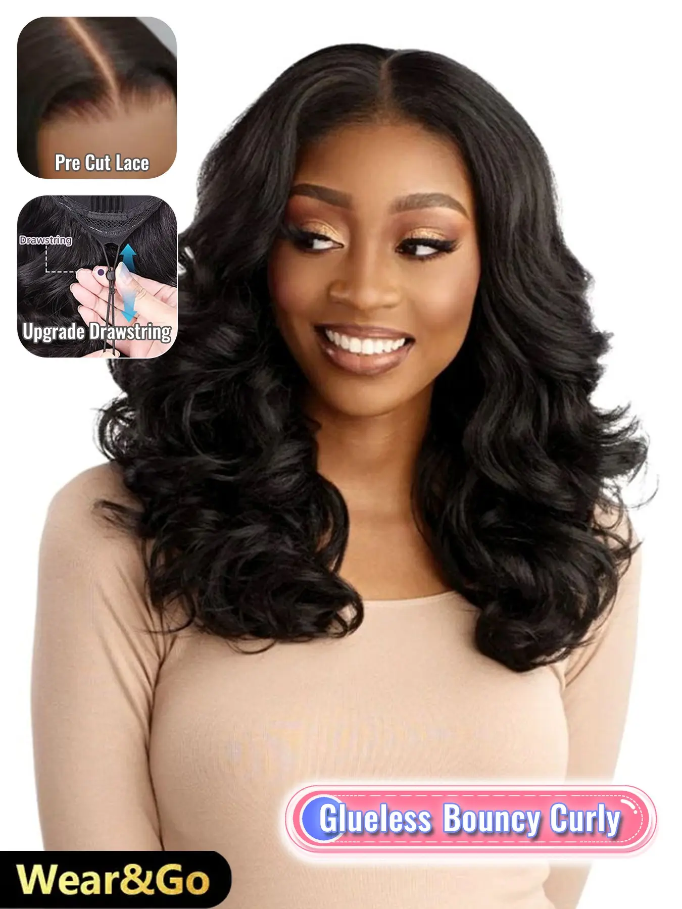 5x5 Glueless Lace Closure Human Hair Wig, 18 Inch Bouncy Curly Hair, Soft Springy Ringlets, Natural Hairline, Lightweight Comfort for Women