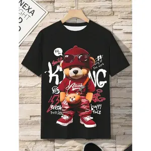 Men's Casual 180G 100% Cotton Short Sleeve Graphic T-Shirt, Punk Bear Digital Print, Breathable Pullover, Menswear Outdoor Top, Casual Streetwear Summer Shirt, Cotton Graphic Tee, Vintage Tee