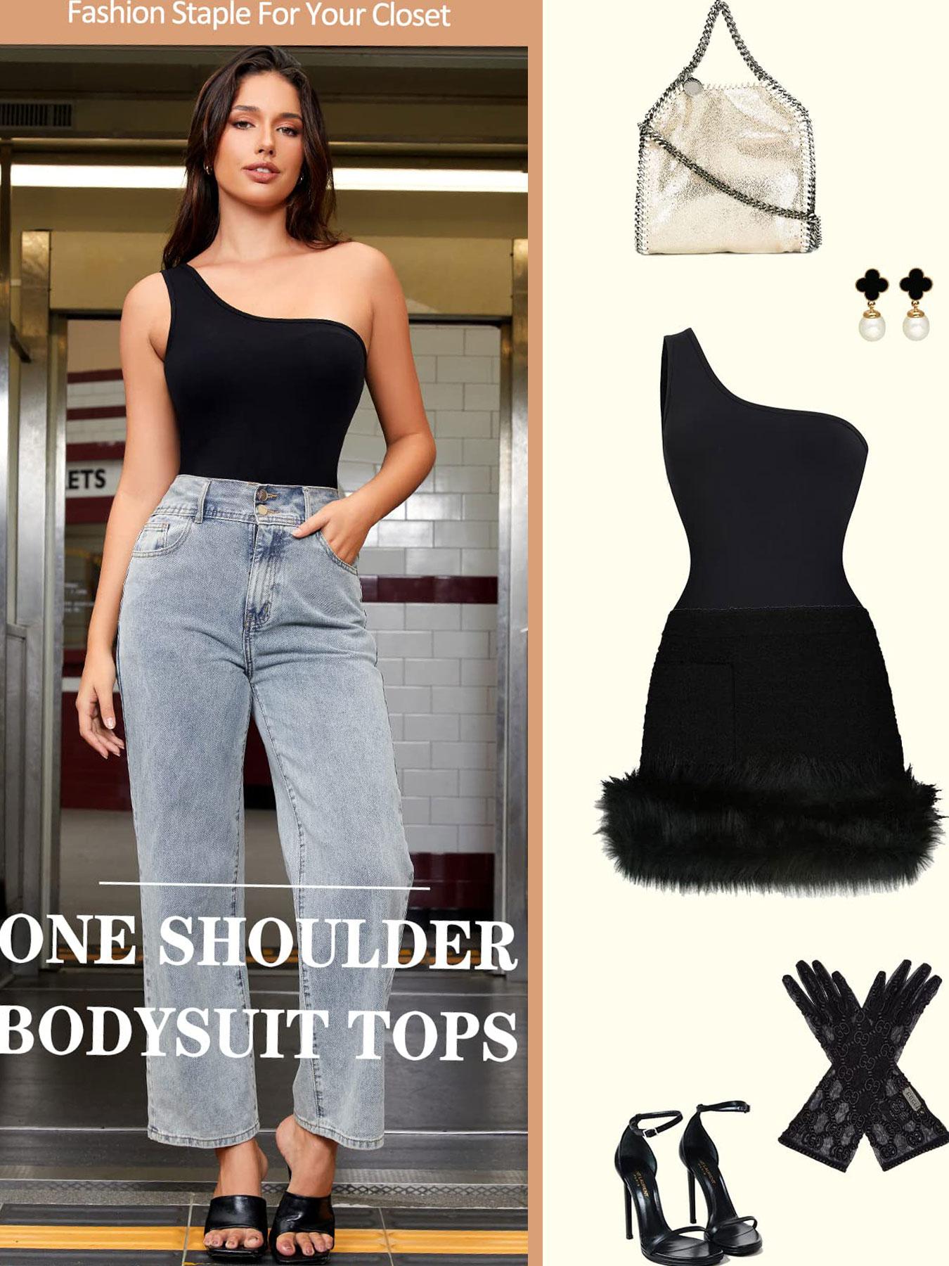 Women's High Elastic One-Shoulder Fashion Bodysuit, Soft Waist Control Shapewear, Casual All Season Wearable, Moderate Fabric Thickness