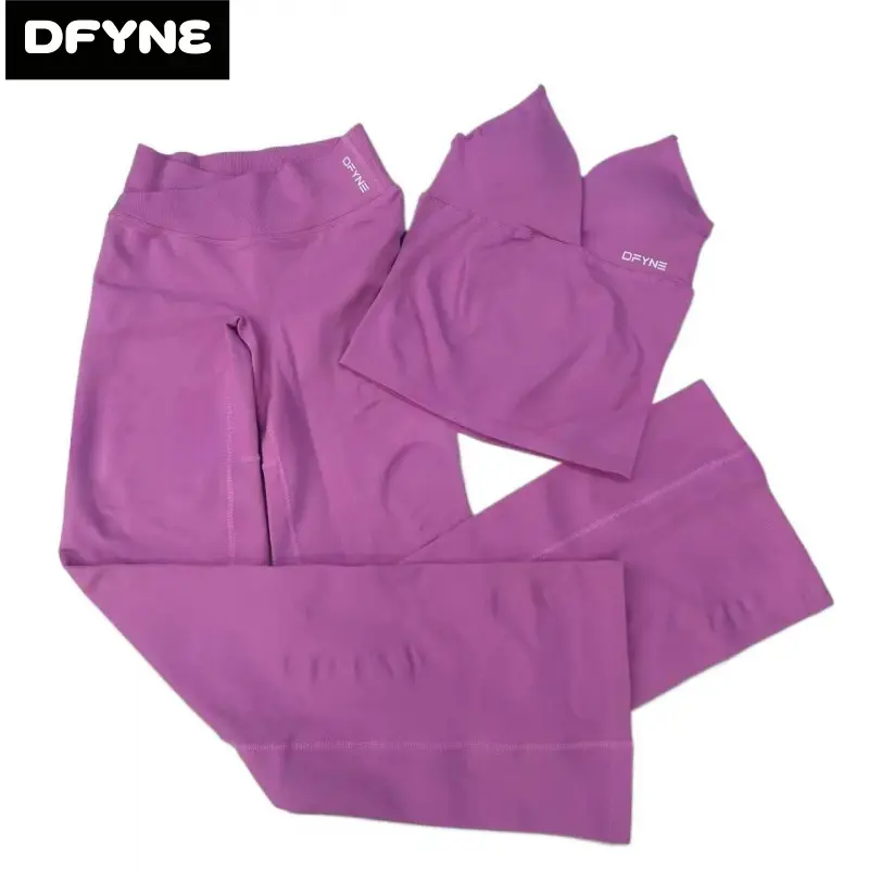 DFYNE Soft Seamless 2 Piece Workout Set – V Neck Strappy Tank & Crossover Flare Leggings Matching Outfit
