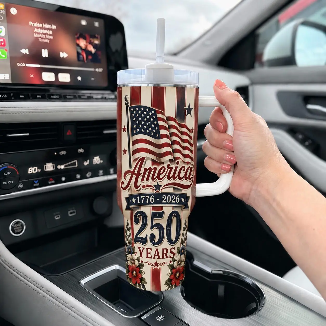 40oz Tall Reusable Stainless Steel Insulated Tumbler - Portable, Printed Patriotic USA 250 Years Vacuum Flask with Handle, Straw, Insulation for Coffee, Iced Tea, Tea, 4th of July Car Use