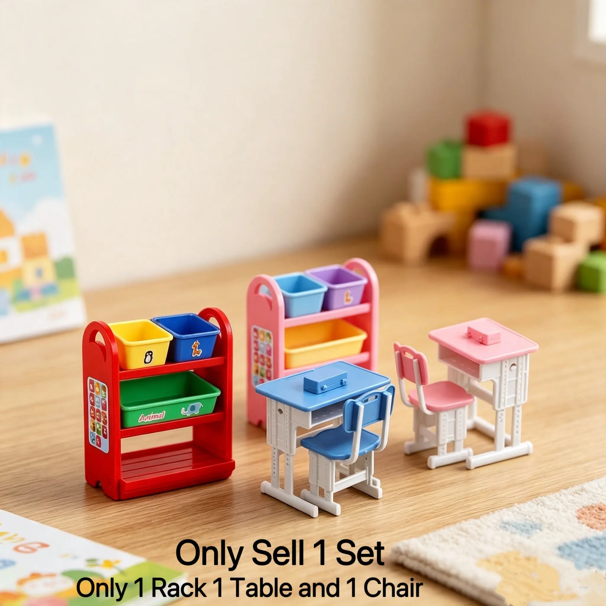 DIY Mini Dollhouse Desk Chair Set, Multi-Layer Storage Rack with Drawers, Ideal Gift for Christmas and Birthday, Unisex Pretend Play Toy