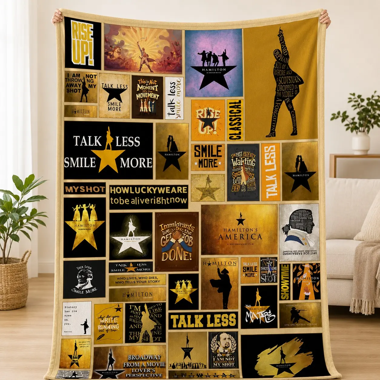 Hamilton Musical Flannel Blanket, Vintage Broadway Quote Collage Print, Ultra Soft Lightweight Throw, Ideal for Couch, Bed, Theater Room