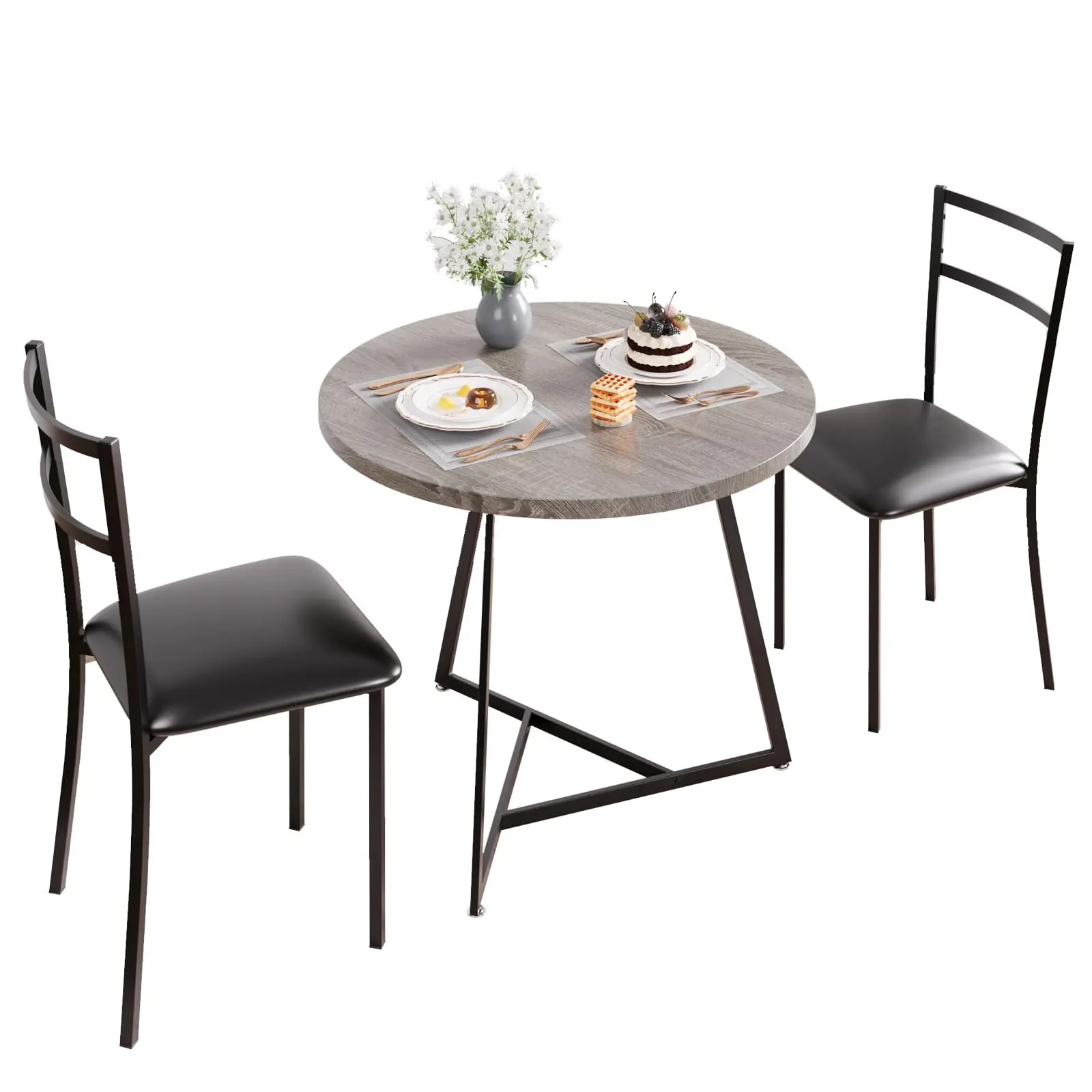 GARVEEDining Table Set for 2, Round Kitchen Table and Upholstered Chairs for 2, 3 Piece Dining Room Table Set, Kitchen Table Set for Small Space, Apartment, Retro Gray