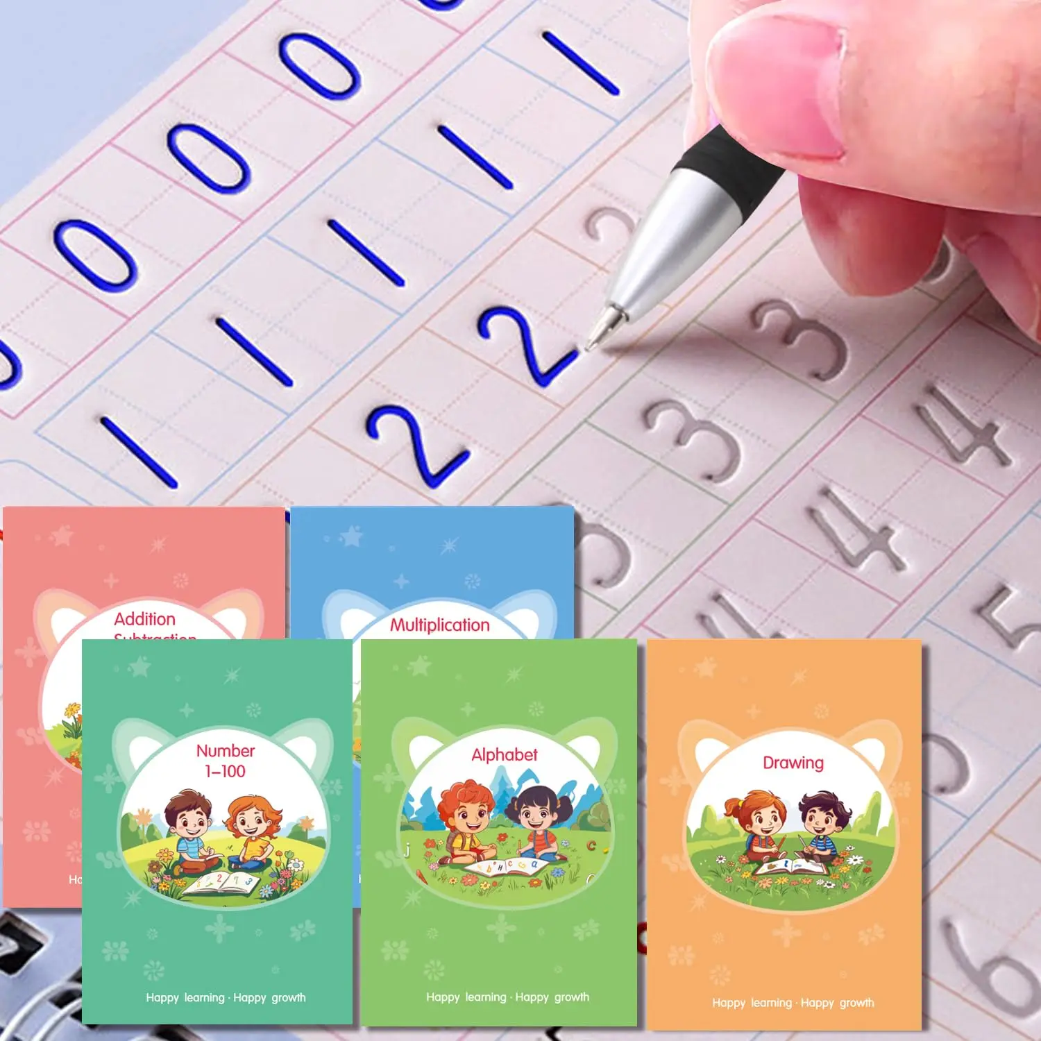 Magic Practice Copybook,  Writing Practice Book, for    3-8 ​Calligraphy 9.44in×6.29in(5 Books with Pens)