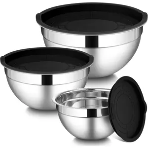 Stainless Steel 3-Piece Kitchen Mixing Bowls Set with Lids, Graters, Whisk, Lock Design - Tableware Set for Baking, Cooking