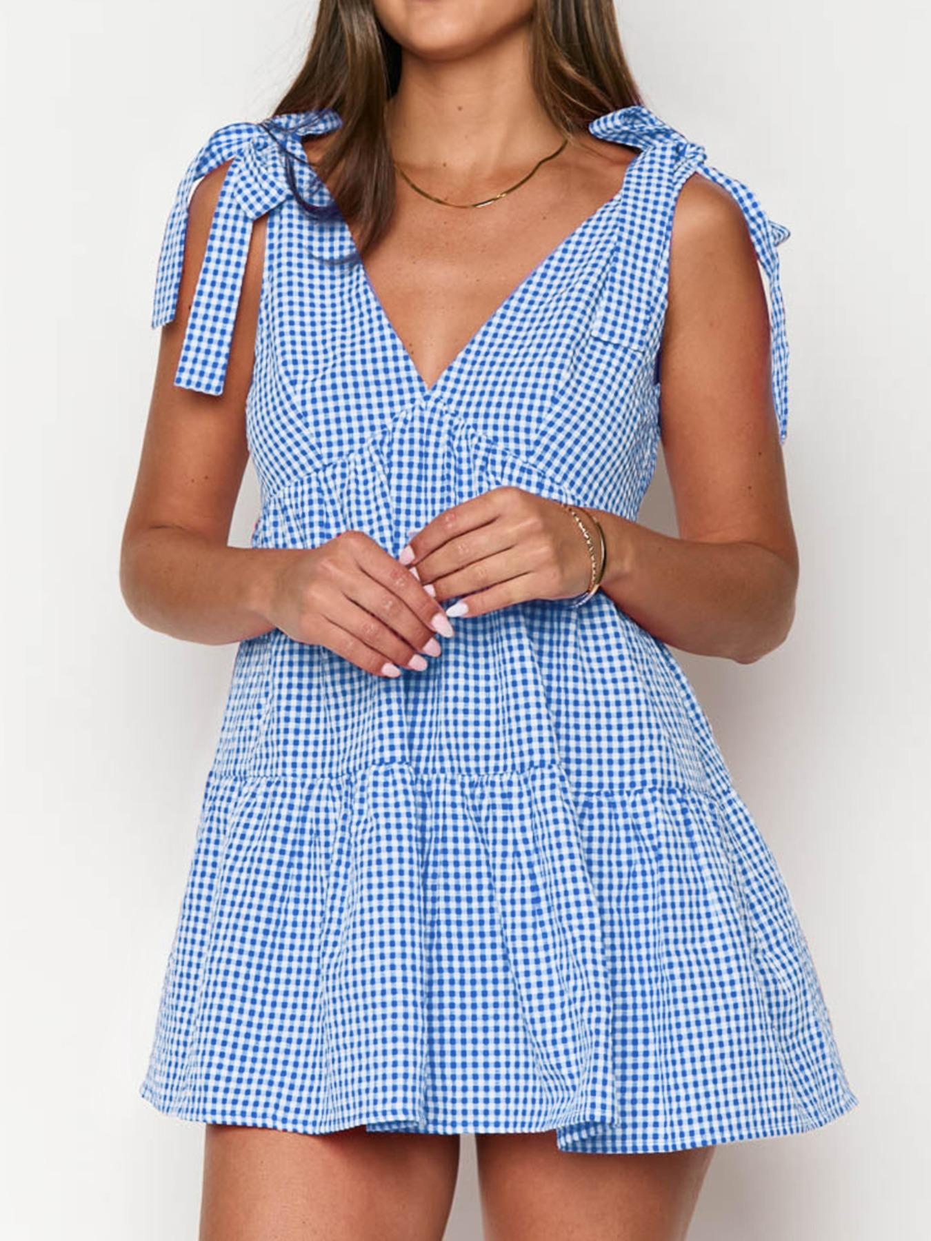 Women's Plaid Print Bow Decor Tie Shoulder Dress, Casual Fashion Gingham Dress for Daily Holiday Vacation Wear, Ladies Dress for Summer