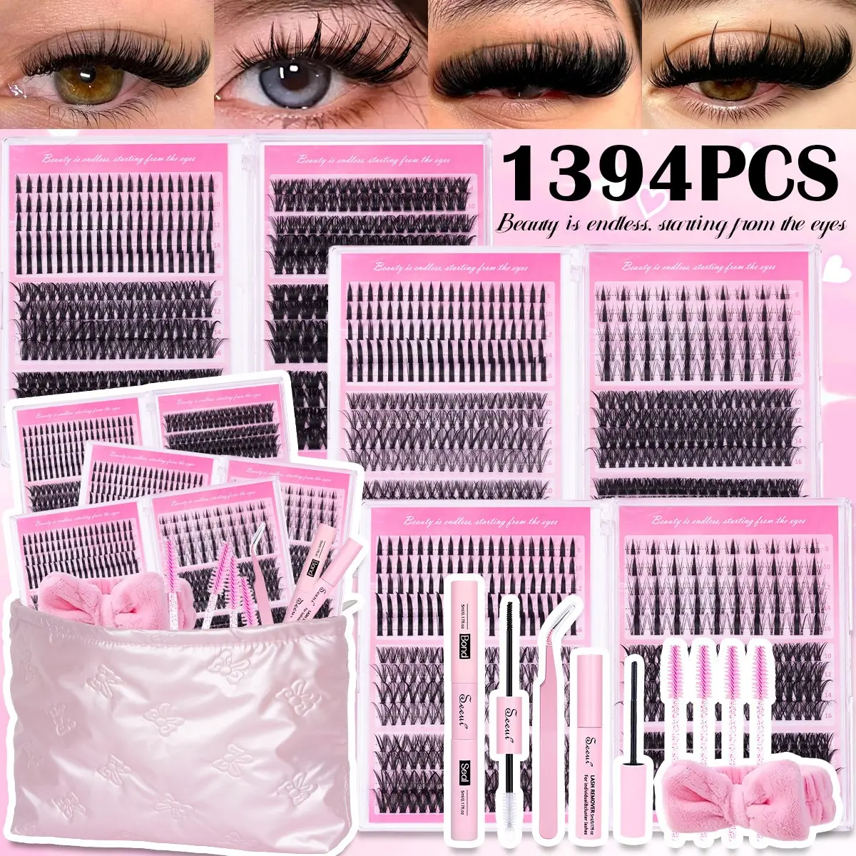 4 PCS 9 Styles DIY Lash Clusters Set, Fluffy Eyelashes Cluster, Spike/Manga/Natural 30D/40D/60D/80D/100D/120D/150D Lashes, Mixed Lengths, D Curl Individual Lashes, 9-16mm Lash Clusters, Includes Bond&Seal, Remover, Tweezers, Brushes, Headband