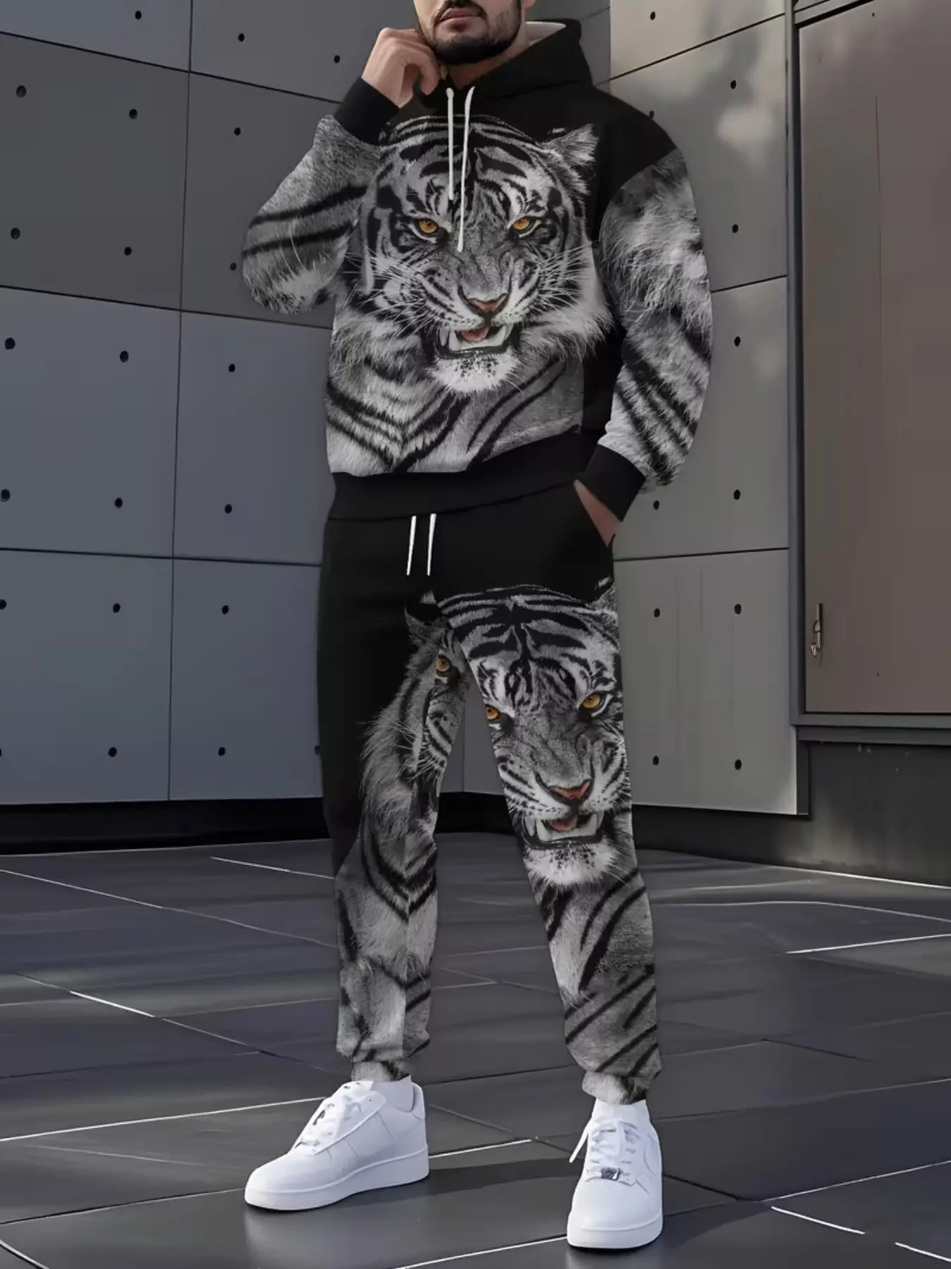 Tiger Print Hooded Sweatshirt Set, Unisex Casual Sportswear, Trendy Fashion Two-Piece, Fall & Winter Wear, Ankle-Length Pullover