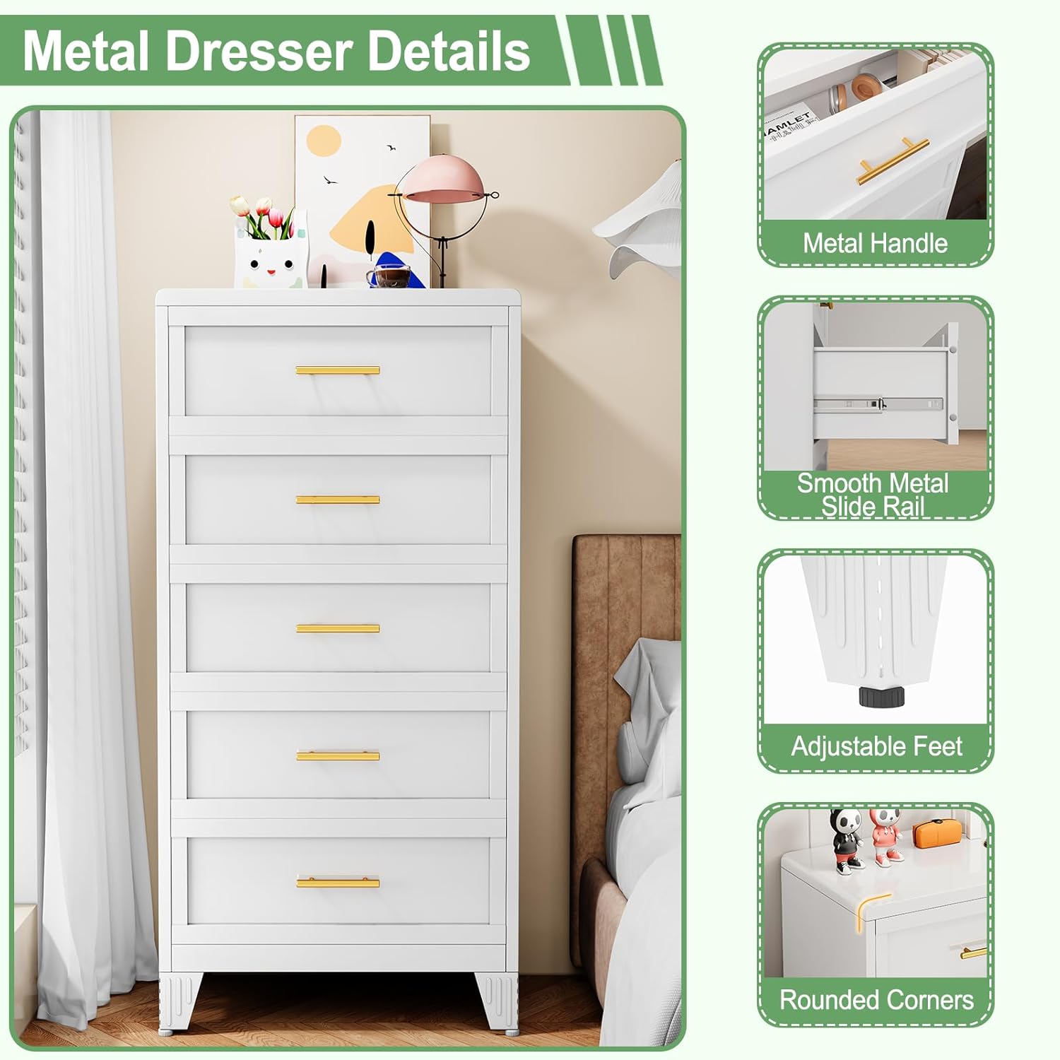 Metal Dresser Tall Narrow Dresser for Bedroom Chest, 53.46" H Drawer Chest, Closet Dressers & Chests of Drawers for Living Room, Hallway (5 Drawers White 24inch Wide)