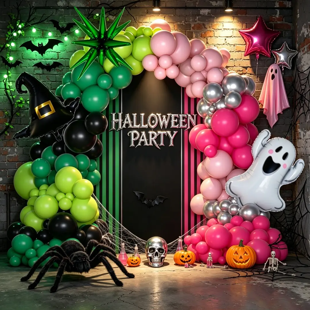 115 Cute Halloween Balloon Wreath, Witch Hat + Ghost Foil Balloons, Silver Color Arch, Perfect for Halloween Party Decor