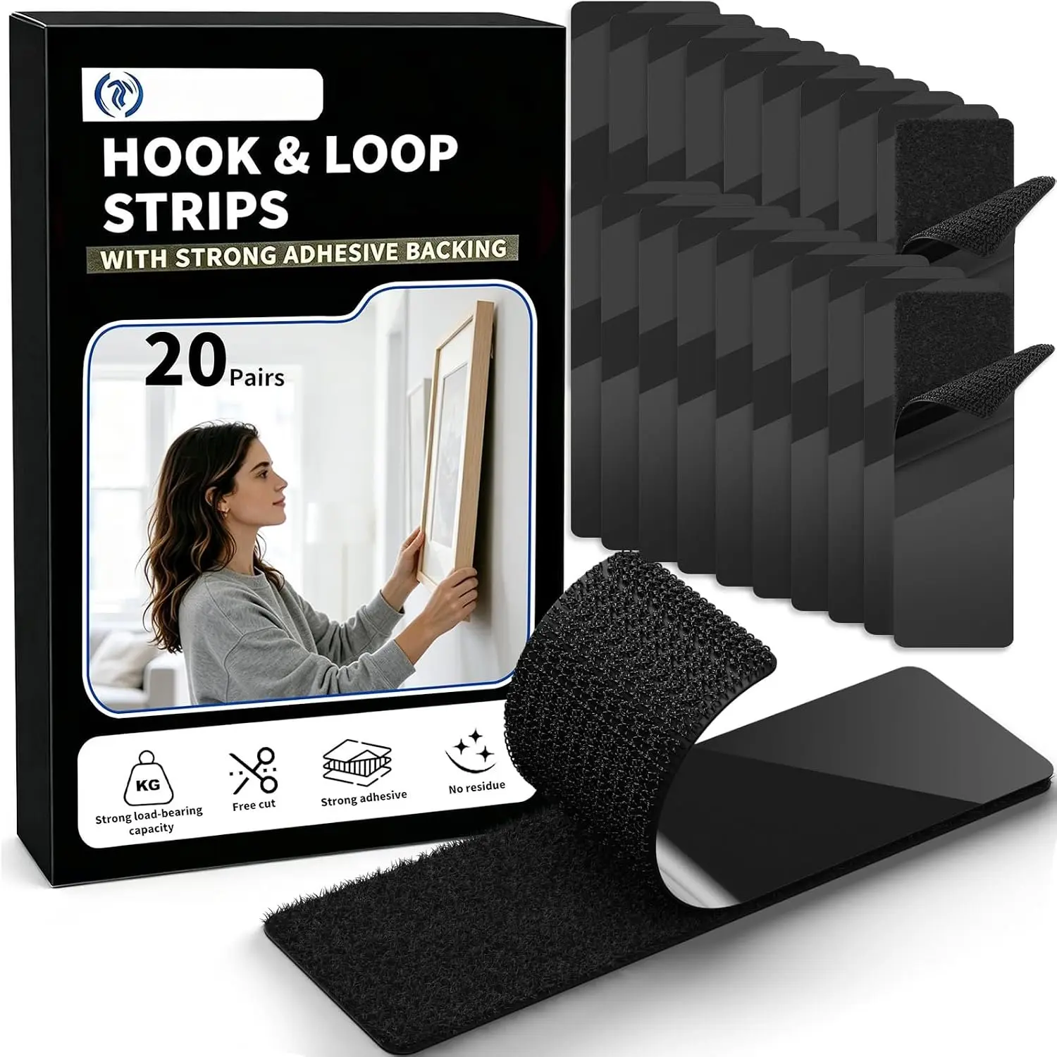 20 Sets Synthetic Heavy Duty Black Hook and Loop Tape, 1x4 Inches Double Sided Adhesive Hook Strips – Rug Mounting, Indoor/Outdoor Secure Mounting for Posters, Mirrors