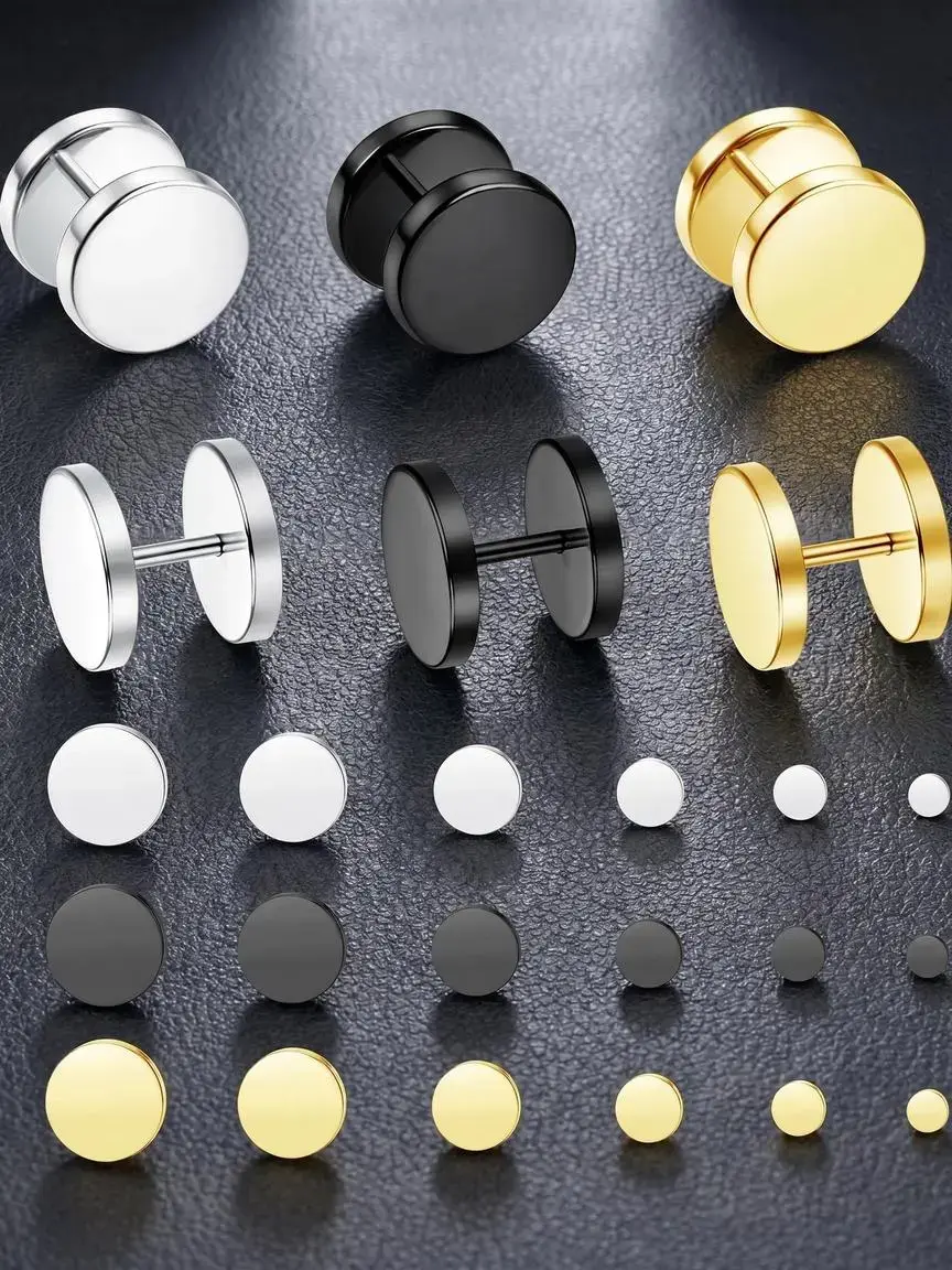 18 Pairs Stainless Steel Flat Stud Earrings Set for Men Women Faux Gauges Ear Tunnel Piercing Screw Earrings Silver Black Gold-Tone 5-10mm