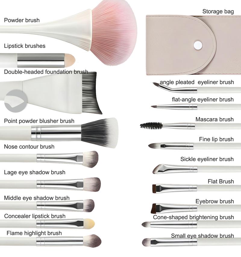 White liquid foundation brush, professional one-stroke coverage double-ended flat brush for facial masks, ultra-thin and lightweight beauty tool, 18-piece makeup brush set, eyeshadow brush, eyebrow brush, mascara brush, blush brush