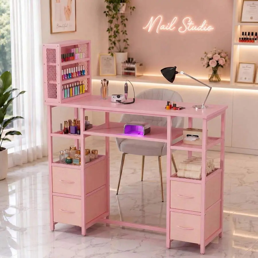 Modern Manicure Table With 3-Tier Nail Polish Rack, 4 Drawers & Open Storage Shelves, Reversible Nail Desk Nail Tech, Professional Nail Station Salon, Beauty, & Home Studio