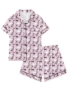 【Halloween】Women's Cute Halloween Pajama Set, Funny Spooky Print Button Sleepwear, Soft 2-Piece Short Sleeve Summer Home Wear, Comfortable Fun Party Pajamas