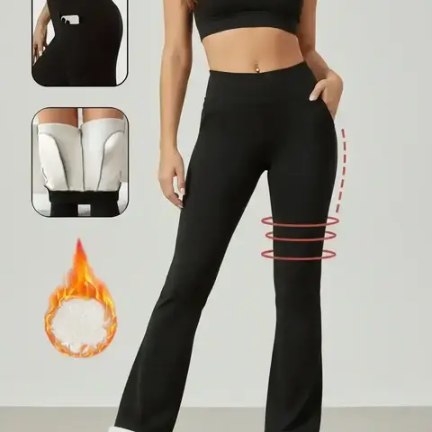 Women's Warm Fleece Lined Pocket Leggings, High Waist Leggings, High Waisted Leggings, Solid Flare Leggings, High Stretch Fitness Yoga Pants, High Rise Flared Trousers, Casual Athletic Pants, Fall & Winter