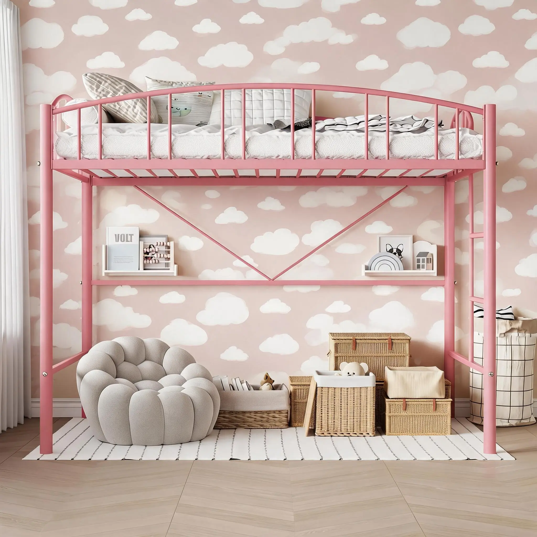 Space-Saving Heavy Duty Loft Bed Frame – Twin Size Metal Bed with Arched Guardrail, Safety Ladder, Sturdy Support, Modern Design, No Box Spring Needed