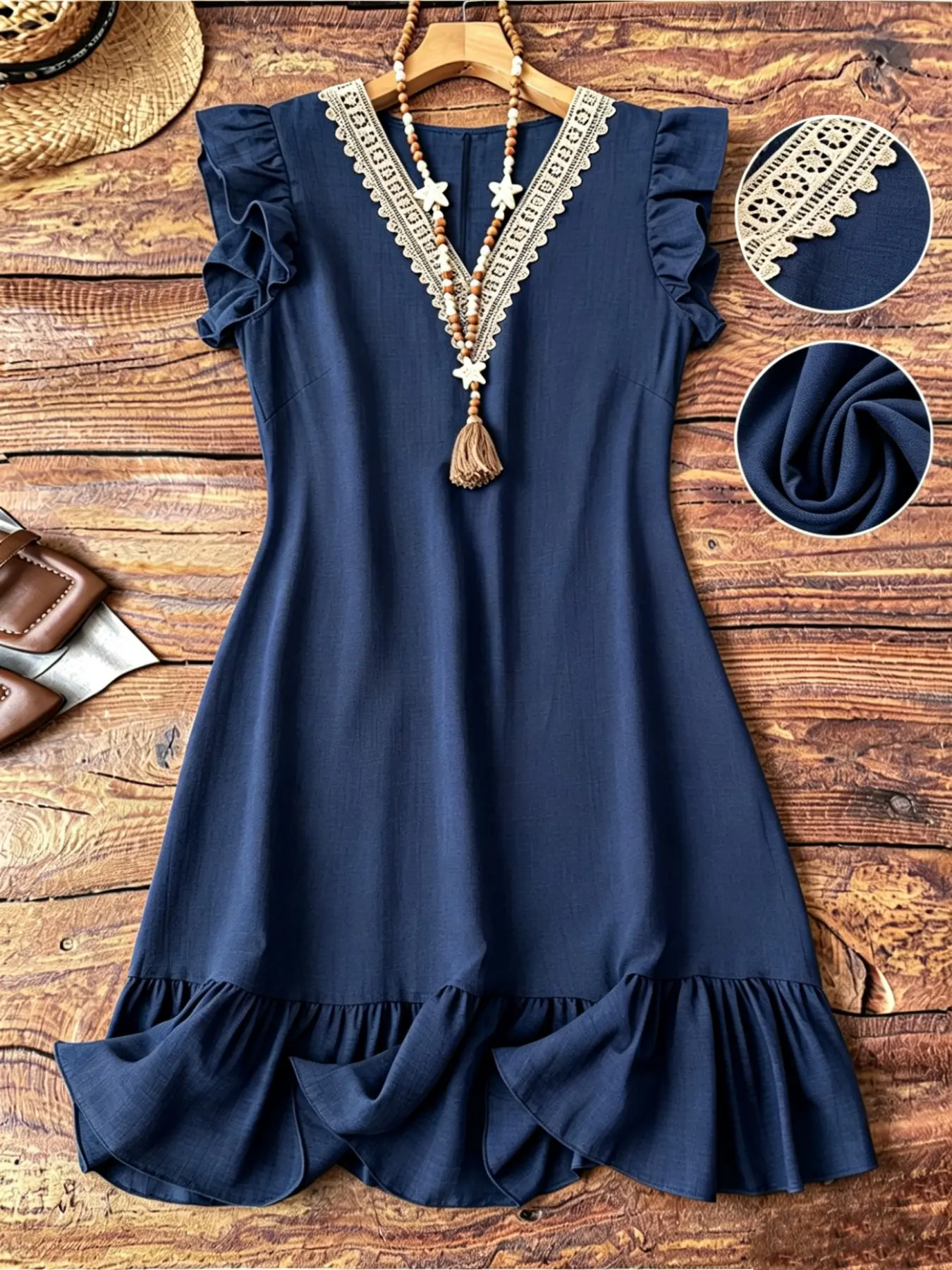 Women's Summer Lightweight Boho Casual Style V Neck Lace Flutter Sleeve Ruffled Dress, Elegant Floral Pattern, Perfect for Daily Wear & Special Occasions
