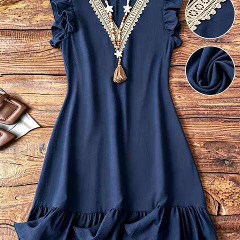 Women's Summer Lightweight Boho Casual Style V Neck Lace Flutter Sleeve Ruffled Dress, Elegant Floral Pattern, Perfect for Daily Wear & Special Occasions