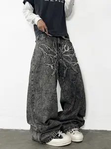 Men's Vintage Embroidered Loose Jeans, Spider Stitch Washed Fashion Wide Leg Pants, All Season Street Style Casual Long Pants