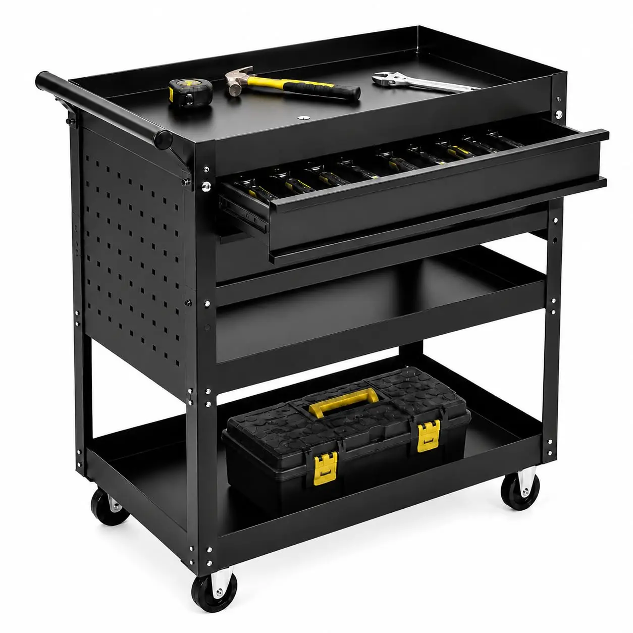 Garvee Heavy Duty 30 Inch Rolling Tool Cart with Wheels - 3-Tier Steel Utility Storage, 2 Drawers & Casters for Garage, Workshop, Warehouse