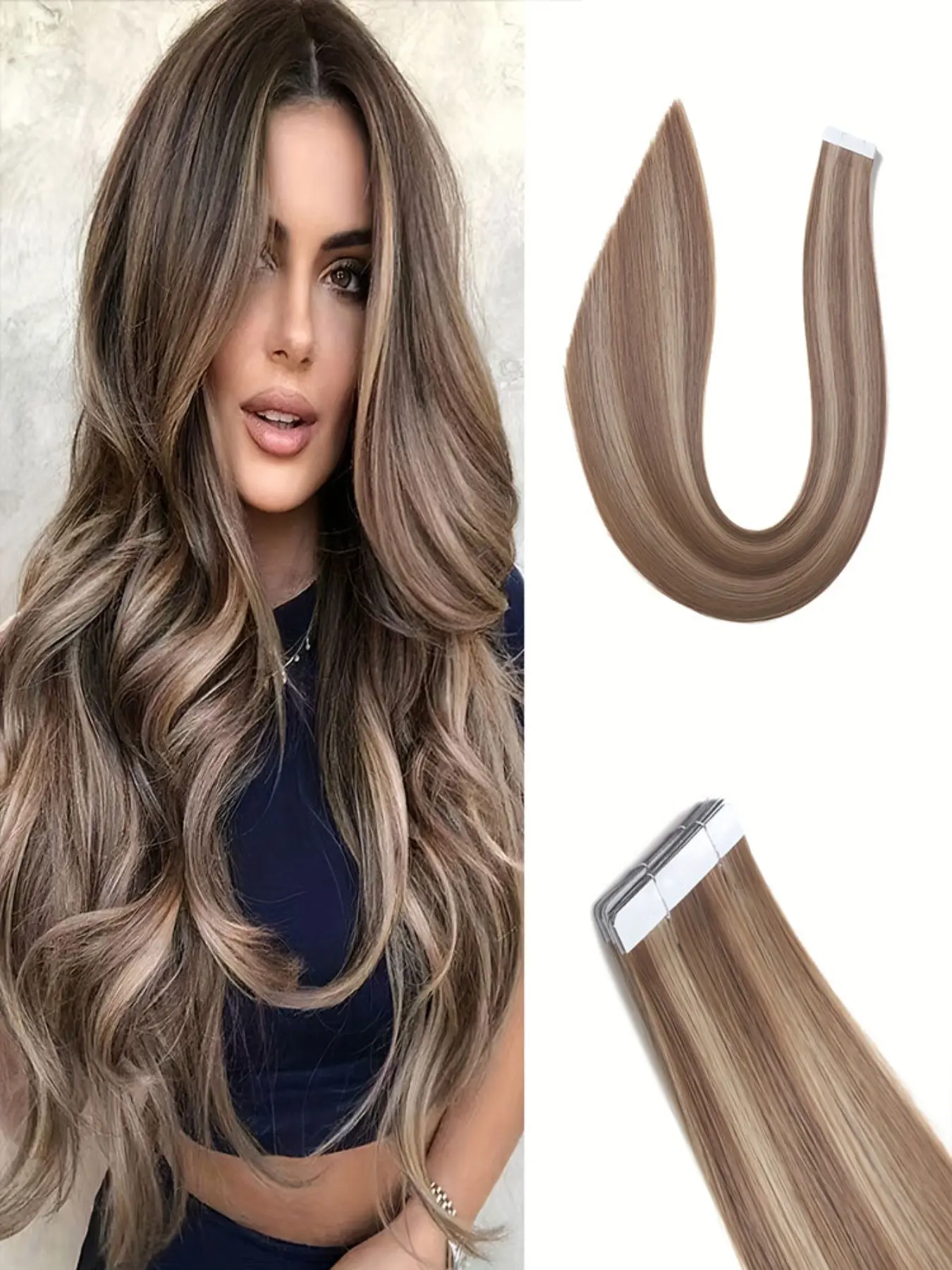 20-Inch Invisible Tape Synthetic Hair Extensions, Seamless Straight Hair Pieces, P10/12/24 Color, 10-Piece Set, 25g, for Women's Daily Wear & Holidays