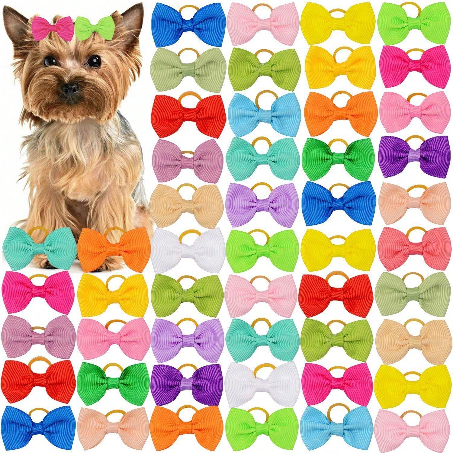 30pcs Puppy Yorkie Dog Hair Bow Pure Ribbon With Rubber Band 40mm Pet Grooming Products Mix Colors Varies Patterns Pet Hair Bows (Pure Ribbon Rubber Bow)