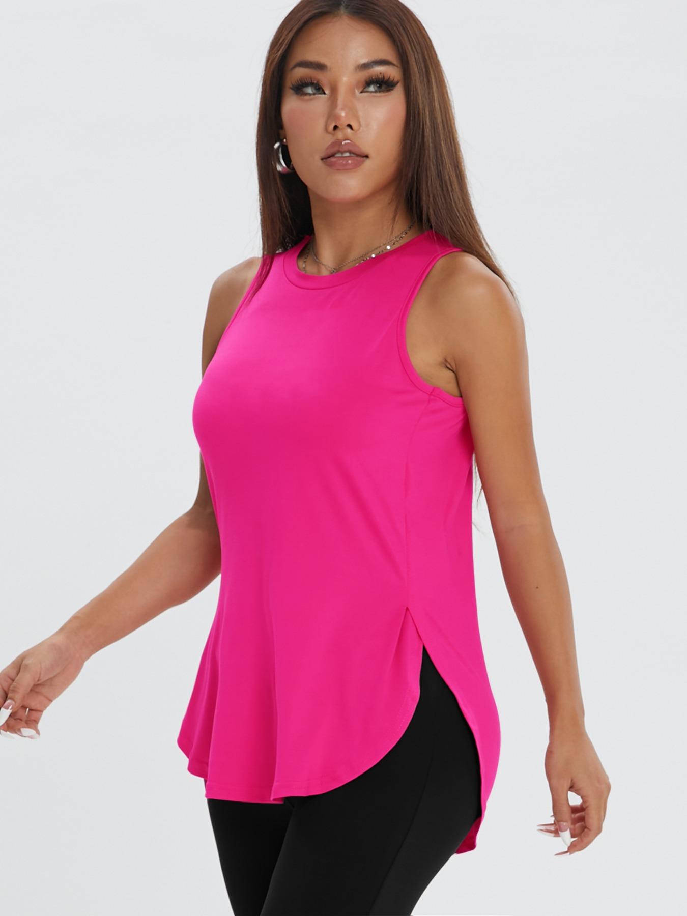 Women's Solid Color Asymmetrical Hem Sports Tank Top, Casual Curved Hem Sleeveless Round Neck Sports Top for Yoga Gym Workout Running, Ladies Sportswear for All Seasons