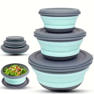 3 Pack Collapsible Silicone Camping Bowls with Lids Expandable Food Storage Containers Rustproof PP Material Include Free Foldable Cutlery & Storage Bag Ideal for Salad Lunch Camping Accessories Stack